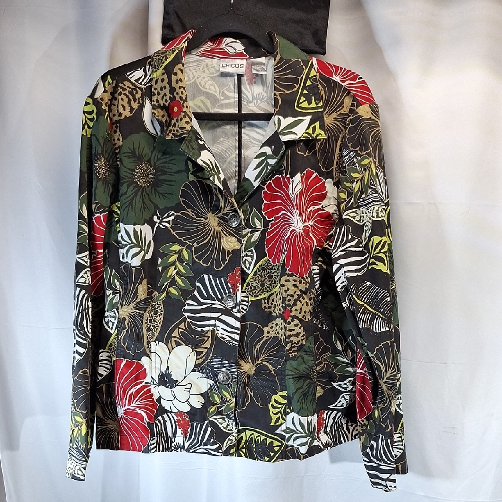 Chico's Black and Red Blazer with Tropical Print